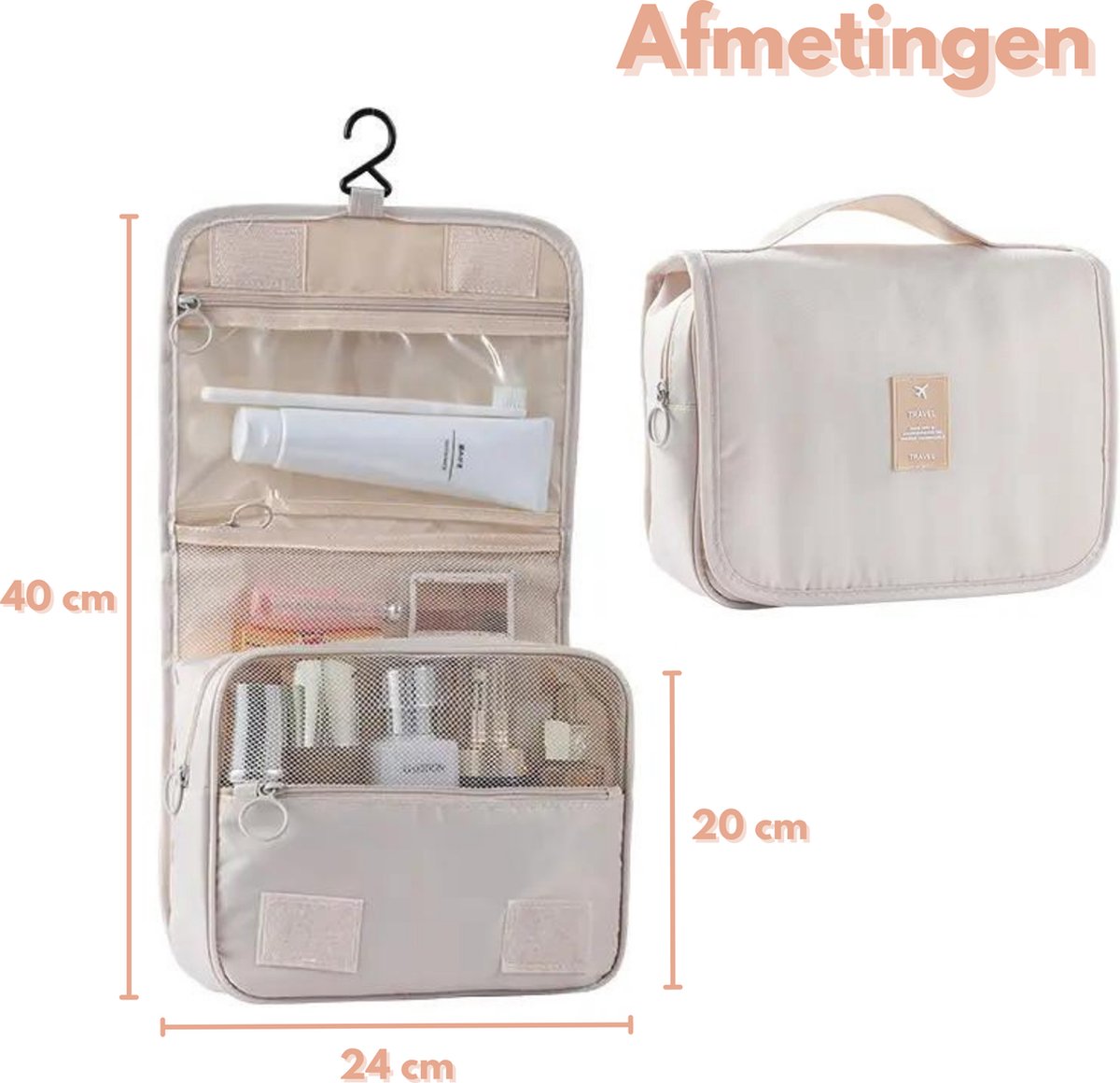 Toilettas Base met haak - M - Beige - Reis toilettas - Ophangbaar van Merkloos / Sans marque — cadeau in Mode & Accessoires - foto 5