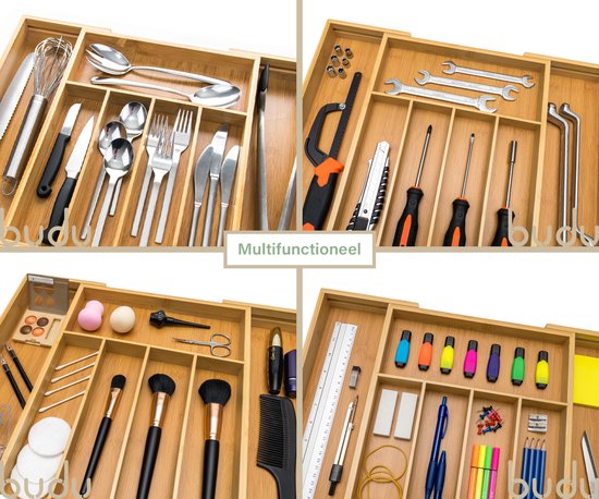 Bestekbak Budu # 38 - Bestekbak Bamboe - Bestekbak Extensible - 7 compartiments - Cassette à Bestekbak Bois - Ajustable - Organisateur - Ranger à Couverts - 38 x 29,5 - 47,8 cm