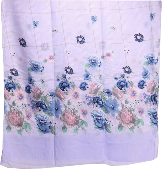 Lange Dunne Sjaal - Bloemenprint - Lila/Blauw - 180 x 80 cm (19-14)