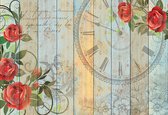 Fotobehang Roses Clock Wood Planks Vintage | XL - 208cm x 146cm | 130g/m2 Vlies