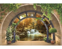 Fotobehang - Uitzicht op de Waterval in het Herfstbos door het Raam 3D - Vliesbehang- 416 x 254 cm