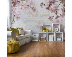 Fotobehang - Vlies Behang - Kersenbloesem op Houten Planken - 312 x 219 cm