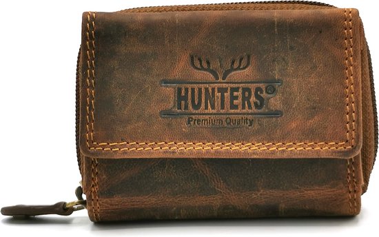 Hunters Leren Miniportemonnee Buffelleer - bruin - Superhandig - (bxhxd) ca. 9,5cm x 6,5cm x 2,5cm