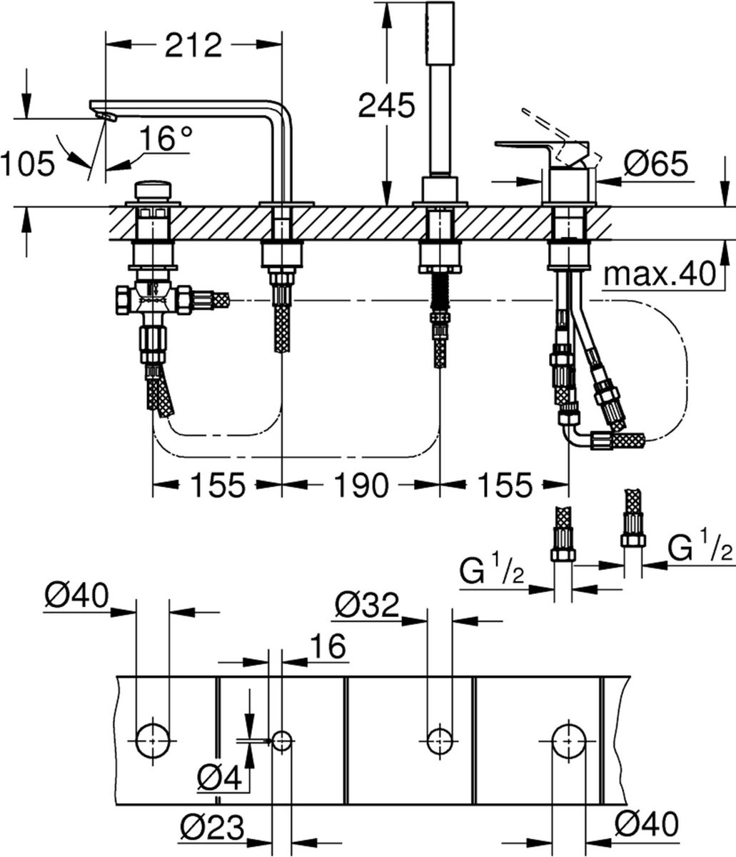 GROHE Lineare New Viergats Badrandcombinatie - Hard Graphite Geborsteld (mat donker grijs) - 19577AL1
