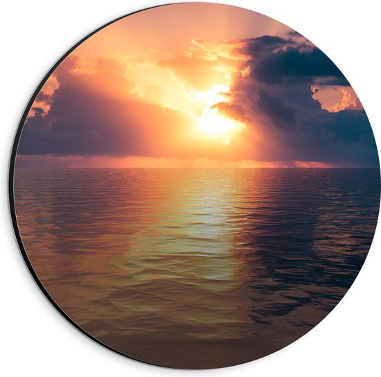 Dibond Muurcirkel - Zon Verdwijnend achter de Wolken boven Kalme Zee - 20x20 cm Foto op Aluminium Muurcirkel (met ophangsysteem)