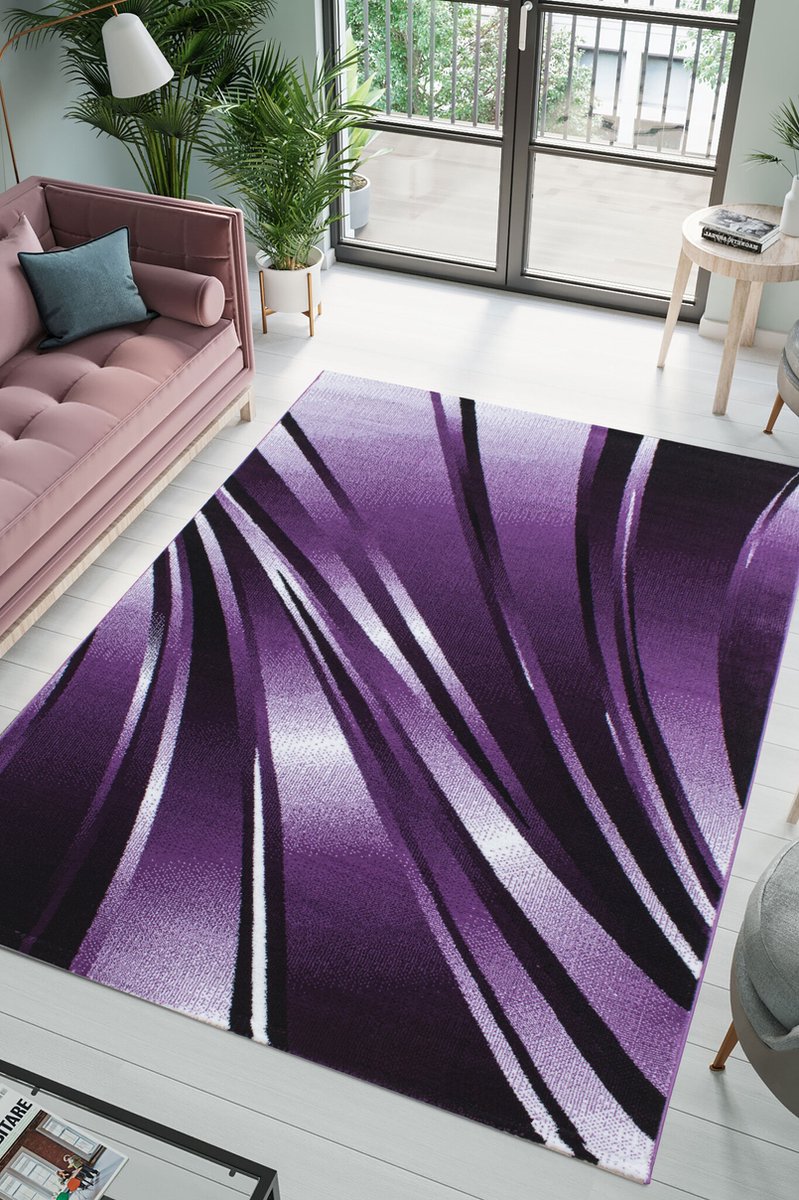 flycarpets Jaden Modern Vloerkleed - Paars / Creme - 80x300 cm - Laagpolig Loper Tapijt
