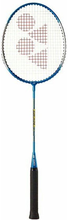 Raquette de badminton Yonex bleue avec cordage blanc et logos rouges.