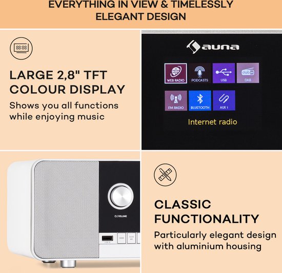 Radio Internet Auna IR-260 – DAB+, FM, Wi-Fi, Spotify Connect, Bluetooth, USB, DLNA, Display TFT 2.8", Sveglia Multi-Timer