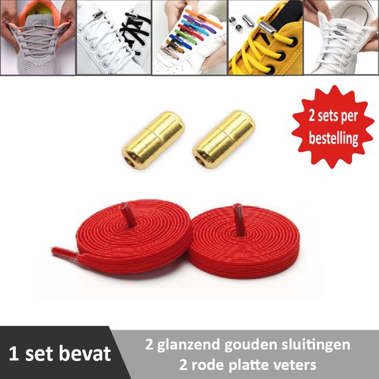 2 paar rode platte elastische veters met glanzend gouden sluitingen. Je hoeft voortaan nooit meer je veters te strikken.