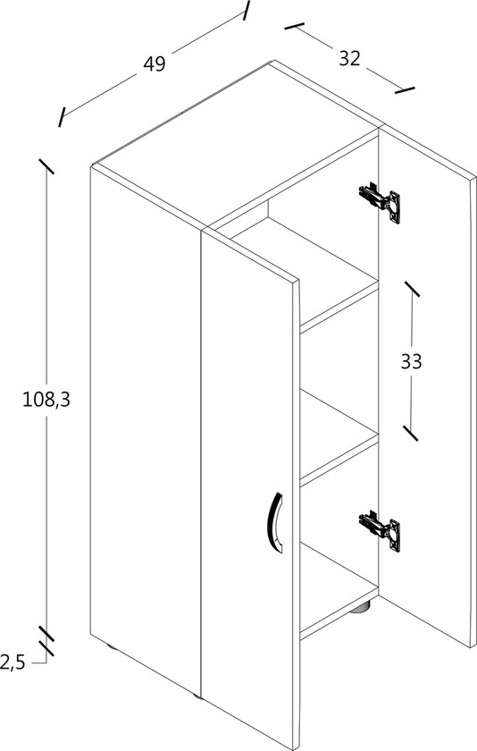 Schematische tekening van een grijze archiefkast met deuren open, met afmetingen.