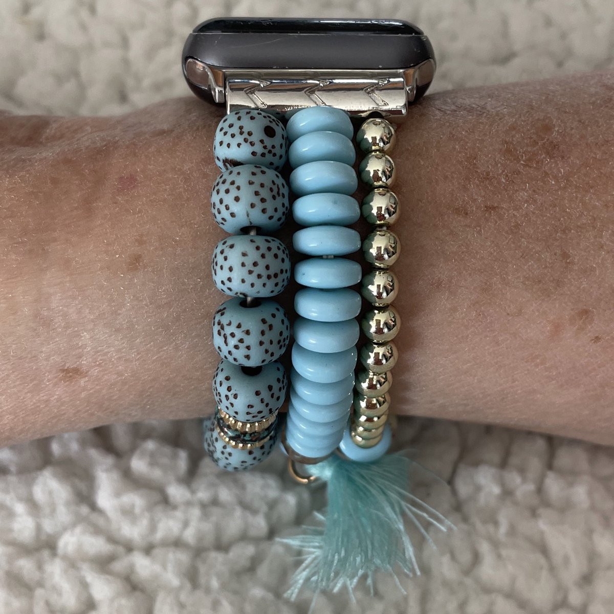 Apple Watch Bohemian Horlogeband- maat 42-44-45 mm-glazen en houten kralen elastisch geregen- Ibiza boho stijl