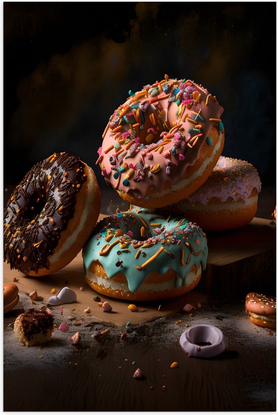 Poster (Mat) - Viertal Verschillende Smaken Donut op Houten Plateau - 50x75 cm Foto op Posterpapier met een Matte look