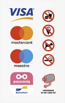 Pictogram/ sticker | 15 x 25 cm | Betaalmogelijkheden | Visa/ Mastercard/ Maestro/ Bancontact/ PayConiq | Camerabewaking wetgeving | Camera wetgeving | Camerabewaking | Betalen | Betaalopties | Retail | Elektronisch betalen | Winkel | 2 stuks