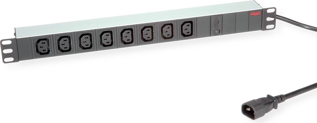 ROLINE 19" stekkerdoos 8-voudig C13 + C14 stekker, 10A, zilver, 2 m
