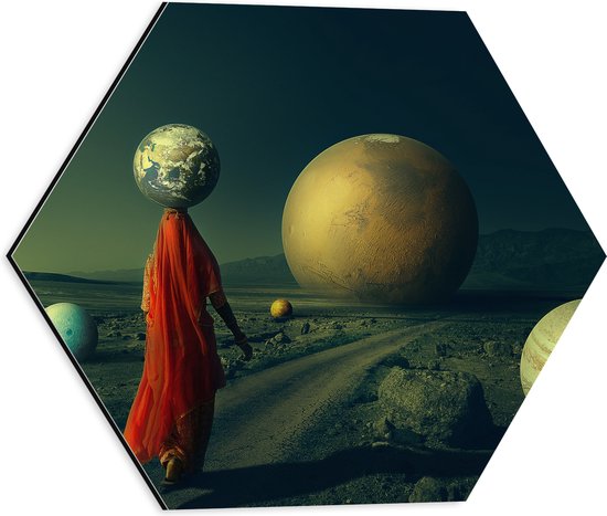 Dibond Hexagon - Vrouw met Aarde op Hoofd Lopend langs andere Planeten - 40x34.8 cm Foto op Hexagon (Met Ophangsysteem)