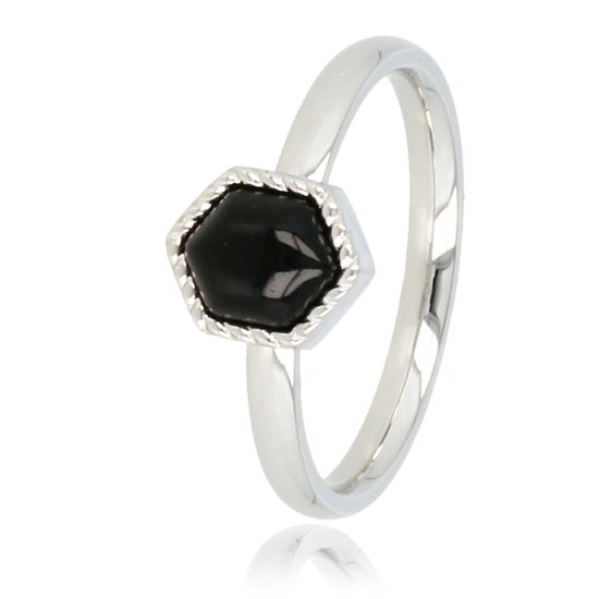 My Bendel - Zilveren ring met zwarte glassteen - Unieke zilveren ring gevormd in een zeshoek met zwarte glassteen - Met luxe cadeauverpakking
