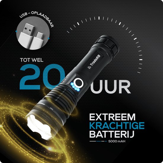 TradeRB® Militaire LED Zaklamp - USB Oplaadbaar - Inclusief 5000 mAh Batterij & Opbergdoos - 20 Branduren - Zoomfunctie - Telescopische Lens - voor Kamperen & Wandelen - 3000 Lumen - Aluminium – Zwart