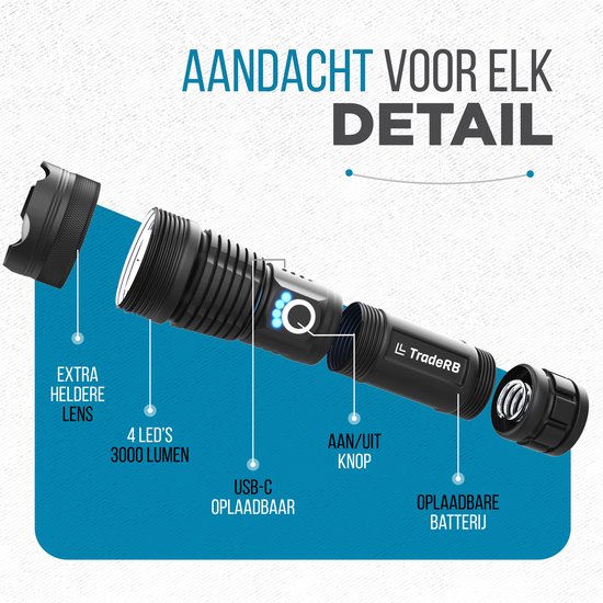 TradeRB® Militaire LED Zaklamp - USB Oplaadbaar - Inclusief 5000 mAh Batterij & Opbergdoos - 20 Branduren - Zoomfunctie - Telescopische Lens - voor Kamperen & Wandelen - 3000 Lumen - Aluminium – Zwart
