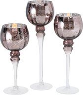 Luxe glazen design kaarsenhouders/windlichten set van 3x stuks metallic shiny taupe met formaat tussen de 30 en 40 cm