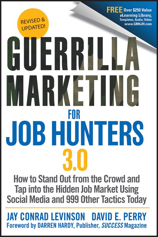 Boek "Guerrilla Marketing For Job Hunters 3.0" met de tekst "REVISED & UPDATED!" en "FREE Over $250 Value eLearning Library".