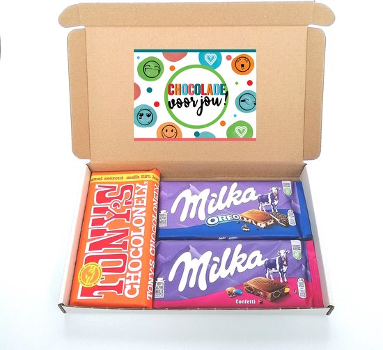Cadeaupakketje "Chocolade voor jou" brievenbus cadeau - Tony Chocolonely caramel zeezout - Milka Oreo - Milka confetti