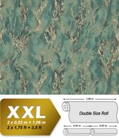 Grafisch behang EDEM 421ST28 vliesbehang hardvinyl warmdruk in reliëf licht gestructureerd in steen look en metalen accenten groen smaragdgroen bruin goud 10,65 m2