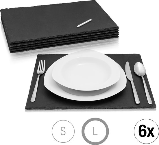 Amazy leistenen borden set (6 stuks) incl. krijtstift voor etikettering - Decoratieve serveerborden van natuurlijk leisteen voor het smaakvol indelen van gerechten en couverts (40 x 30 cm)