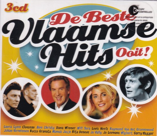 CD-hoes met de titel 'De Beste Vlaamse Hits Ooit!', met vier portretten van artiesten, waaronder een man met een grijze das en een glimlachende vrouw.
