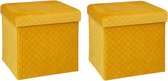 Atmosphera Pouf/hocker/repose-pieds - 2x - boîte de rangement - velours jaune - PU/MDF - 31 x 31 x 31 cm - pliable