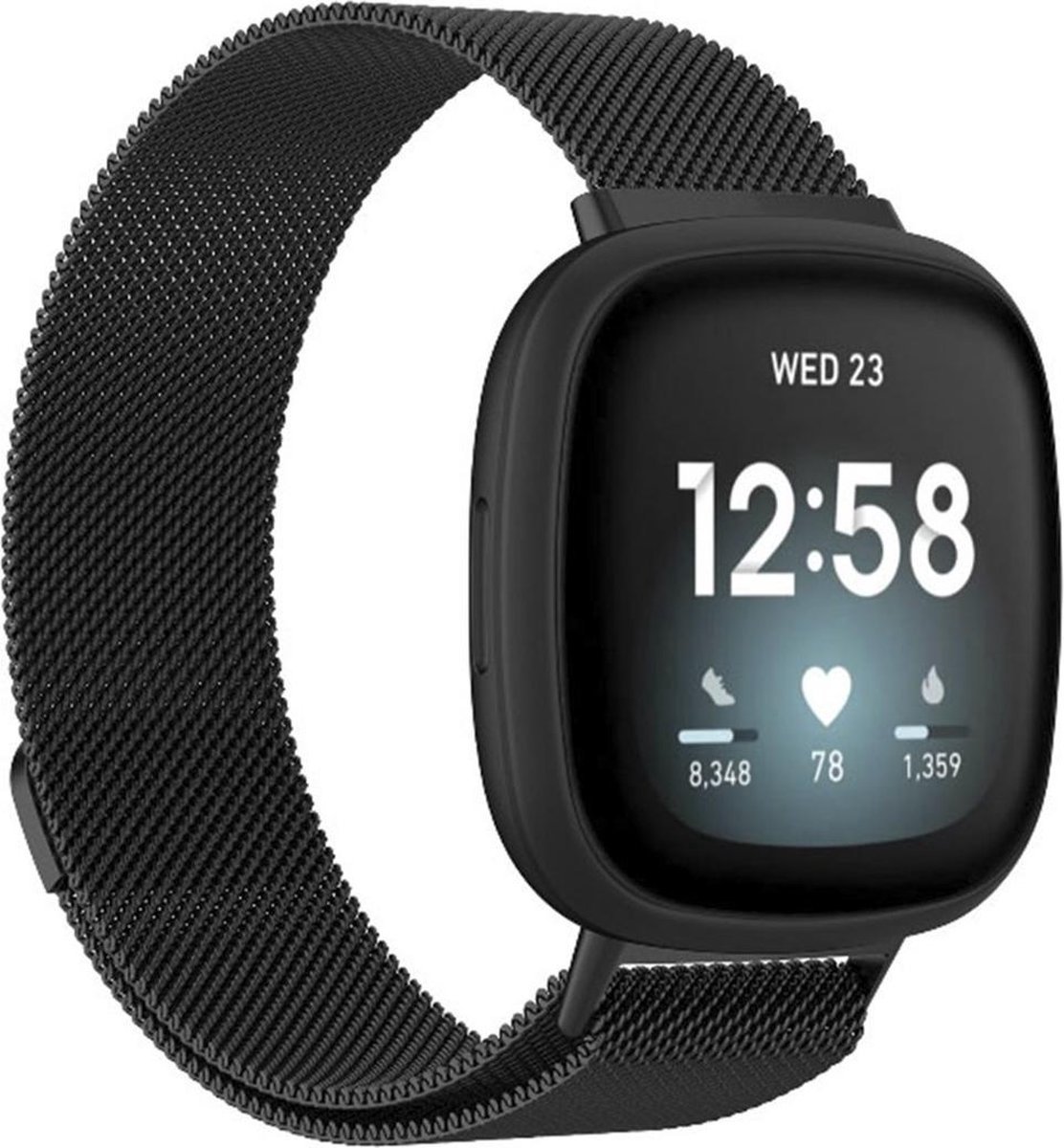 WoniQ Milanees Bandje Geschikt voor de Fitbit Versa 3 / Versa 4 / Sense 2 / Sense Bandje - Zwart - met een stevige magneetsluiting gemaakt van RVS