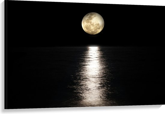 Canvas - Witte Volle Maan boven Donkere Kalme Zee - 120x80 cm Foto op Canvas Schilderij (Wanddecoratie op Canvas)