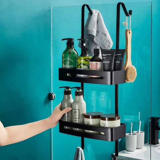 Igoods Support de Douche Télescopique Suspendu - 2 Couches - Sans Embouts - Inox Zwart