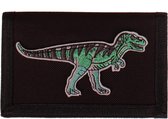 Klittenbandportemonnee Zwart 12x9cm - Applicatie dinosaurus Velociraptor groen 11,5cm