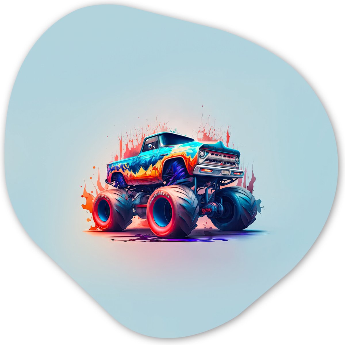 Organische wanddecoratie 40x40 cm - Organisch schilderij Monstertruck - Vlammen - Blauw - Verf - Design - Muurdecoratie woonkamer - Kamer decoratie - Schilderijen - Muurcirkel aesthetic