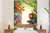 Behang babykamer - Fotobehang Jungle - Jongens - Meiden - Baby - Olifant - Leeuw - Giraf - Breedte 180 cm x hoogte 280 cm