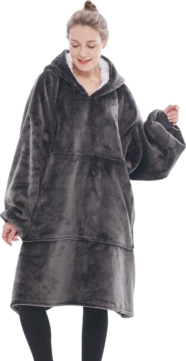 JAXY Hoodie Deken - Snuggie - Snuggle Hoodie - Fleece Deken Met Mouwen - 1450 gram - Hoodie Blanket - Kersttrui - Kerstcadeau - Grijs - JAXY