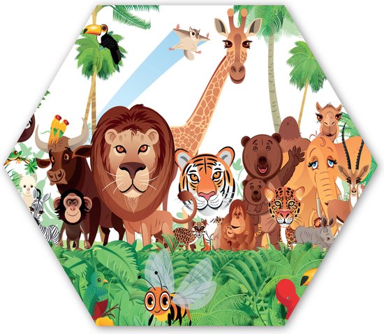 Hexagon wanddecoratie - Kunststof Wanddecoratie - Hexagon Schilderij - Wilde dieren - Jungle - Leeuw - Tijger - Meisjes - Kids - Jongens - 75x65 cm