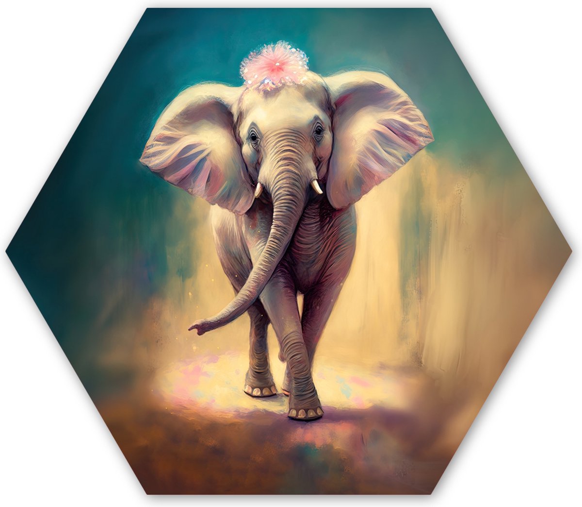 Hexagon wanddecoratie - Kunststof Wanddecoratie - Hexagon Schilderij - Olifant - Dieren - Verf - Bloemen - Portret - Kinderen - 120x103 cm