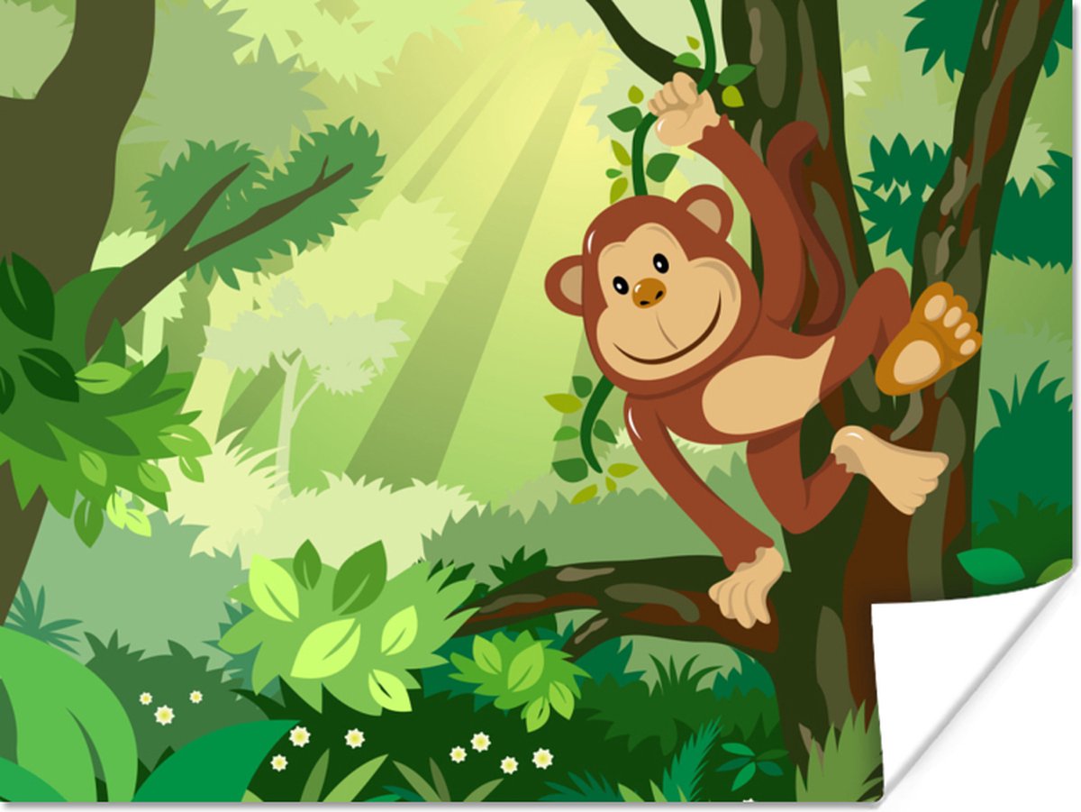 Poster Aap - Jungle - Jongens - Meisjes - Bloemen - Kids - 120x90 cm - Poster Babykamer