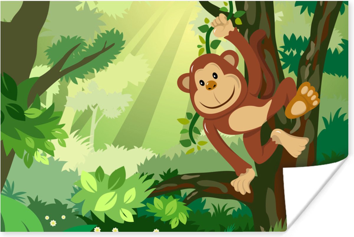Poster Aap - Jungle - Jongens - Meisjes - Bloemen - Kids - 30x20 cm - Poster Babykamer