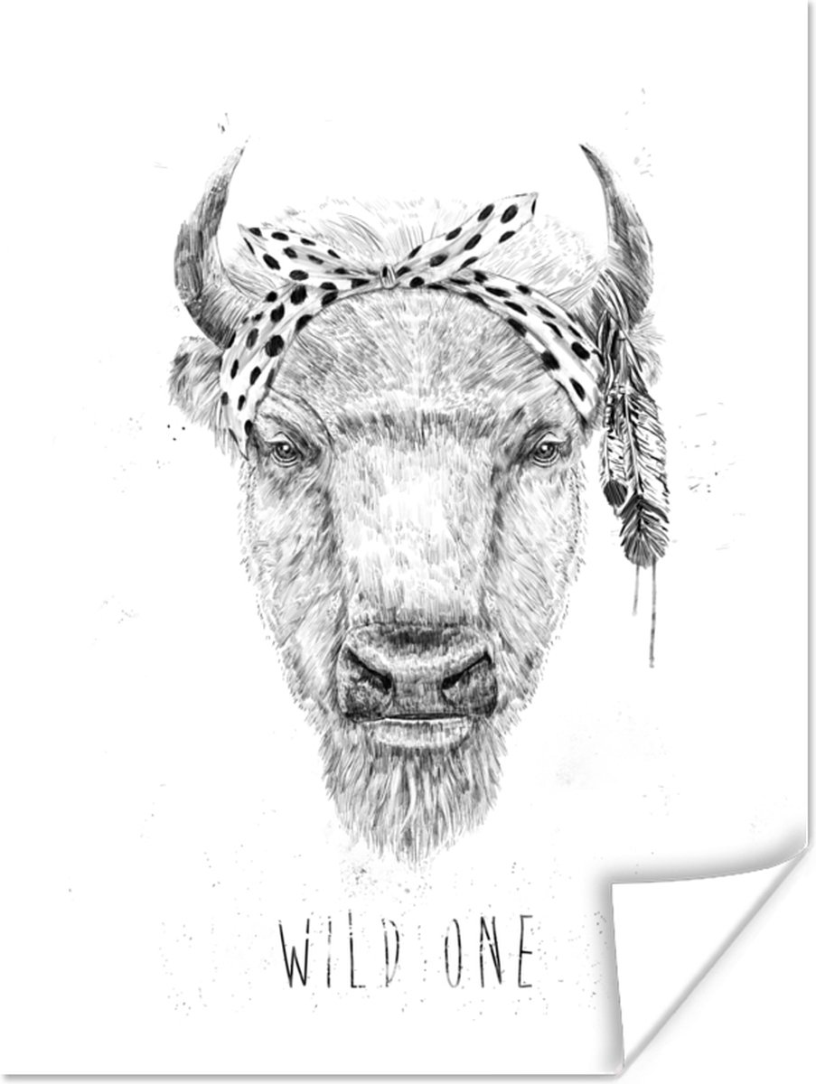 Poster Stier - Wild one - Hoofdband - Stippen - 60x80 cm