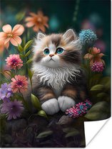 Poster Kitten - Illustratie - Bloemen - Natuur - Kat - 30x40 cm - Cadeau meisje 7 jaar