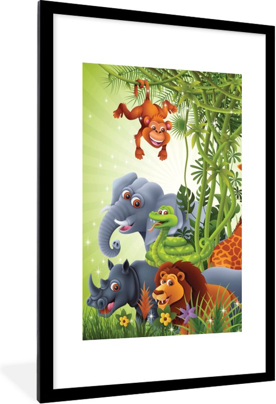 Fotolijst incl. Poster - Jungle dieren - Planten - Kinderen - Olifant - Giraf - Leeuw - 60x90 cm - Posterlijst