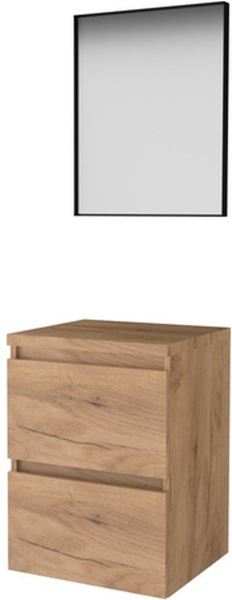 Basic-Line Framed 46 badkamermeubelset - 50x46cm - greeploos - 2 lades - wastafelblad - Spiegel - mat zwart aluminium frame - rondom - MFC Whisky Oak