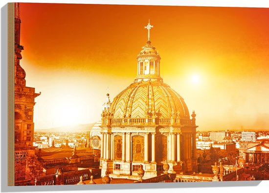 Hout - Top van St-Pietersbasiliek Kerk in Vaticaanstad onder Felle Zon - 75x50 cm - 9 mm dik - Foto op Hout (Met Ophangsysteem)