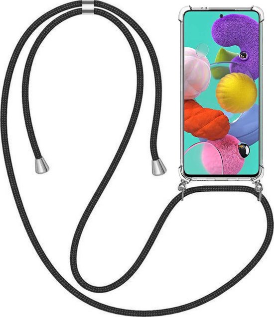 Coque de téléphone à cordon noir pour Samsung A51 4G, avec bordure claire antichoc et embouts argentés.