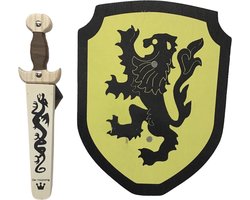 Houten dolk met schede en schild geel met leeuw schild zwaard ridder kinderzwaard