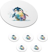 Onderzetters voor glazen - Rond - Pinguïn - Regenboog - Waterverf - Dieren - Kinderen - 10x10 cm - Glasonderzetters - 6 stuks