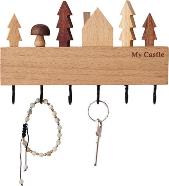 houten Sleutelkastje met zwarte haakjes-decoratieve sleutelrek-6 haakjes - Merkloos