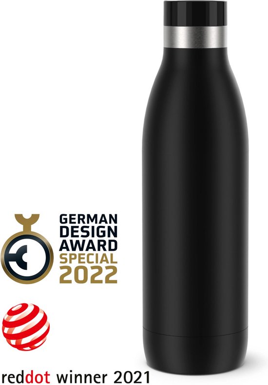 Zwarte Tefal Bludrop thermosfles met zilverkleurige ring, bekroond met Red Dot 2021 en German Design Award Special 2022.
